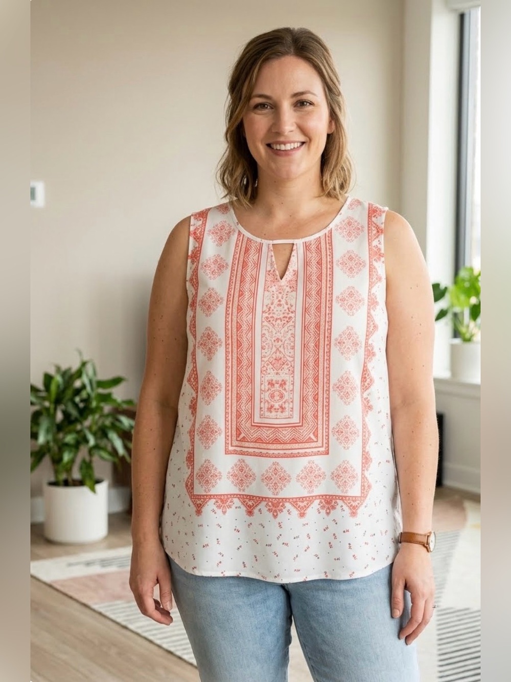 Perch Blu pepper Boho Sleeveless Tank with Coral Print Sz 2x PTP 22’ L 26’